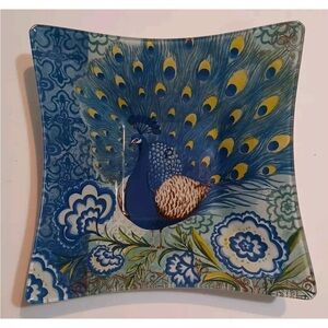 Blue and Yellow Glass Peacock Art Candy/Trinket Plate Set of 2